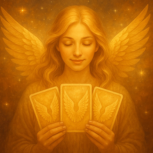 Engelgruß mit Kartenlegung – warme spirituelle Darstellung für persönliche Botschaften aus der geistigen Welt