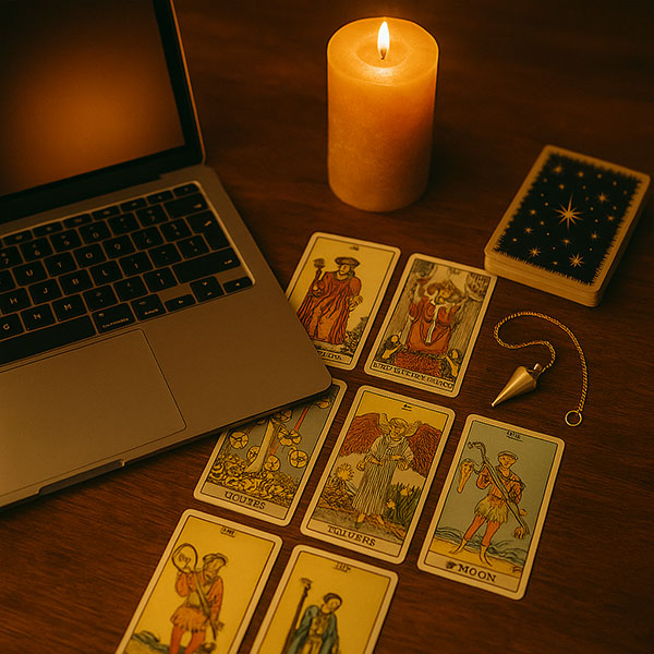 Seelenkarten liegen ausgebreitet neben einem Laptop, einer brennenden Kerze und einem Pendel – spirituelle Kartenlegung mit Seelenblick.