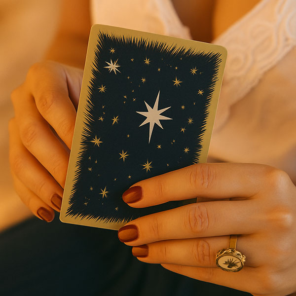 Frau legt Seelenkarten mit Sternensymbol – spirituelle Kartenlegung mit liebevoller Atmosphäre.