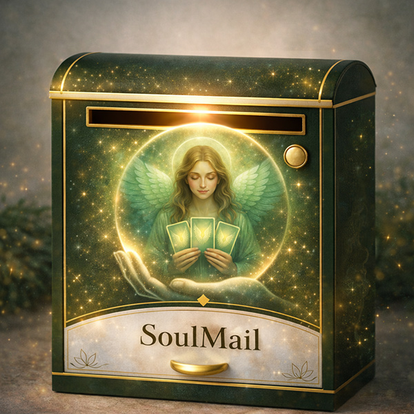 Engelgruß – Engel mit Engelskarten in sanfter grüner Energie, spirituelle Seelenbotschaft von Madelaine Dein Seelencoach
